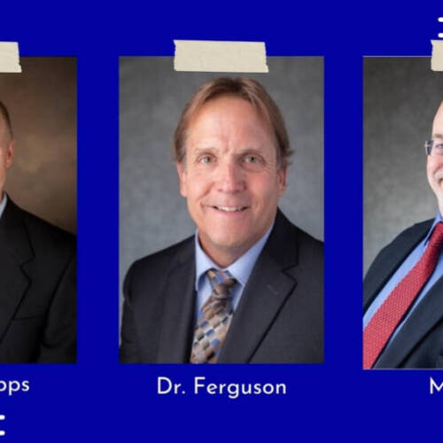 Three professional headshots labeled “Dr. Scripps,” “Dr. Ferguson,” and “Mr. Brege,” each showing a man in a dark suit and tie smiling against a plain background. The layout places the portraits side‑by‑side on a deep blue backgro...